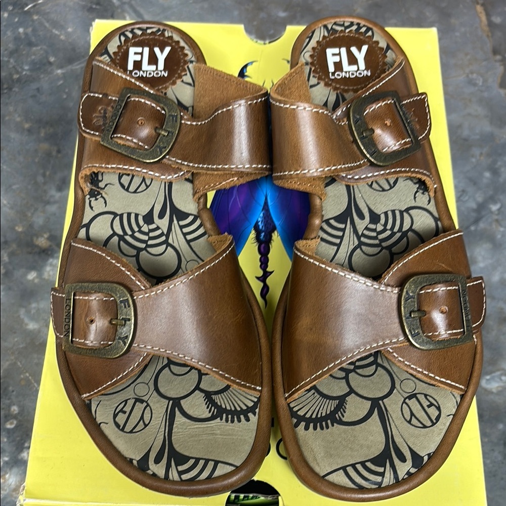Fly London Brown Leather Sandals with Buckle Closures